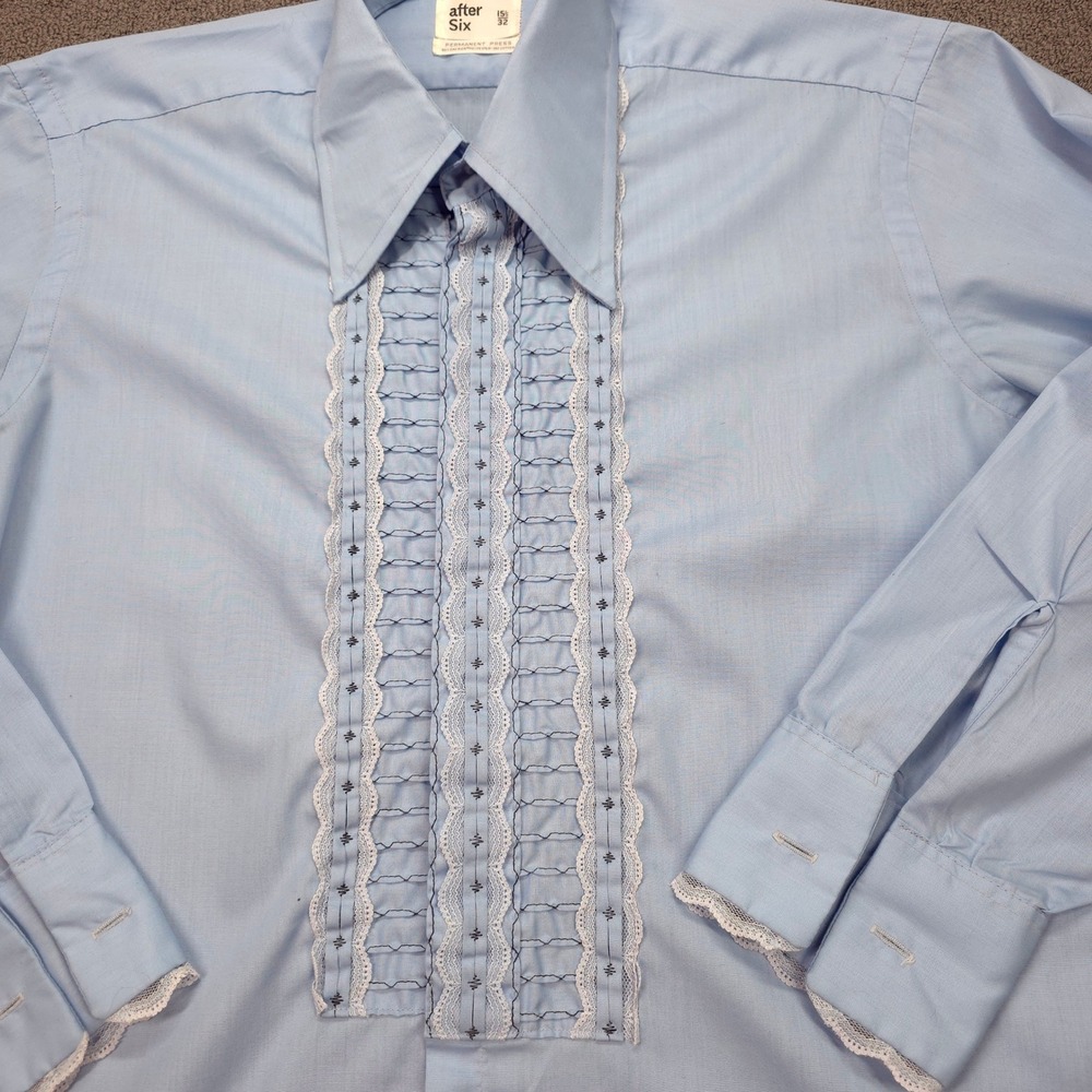 After Six Mens Vintage 70s Ruffle Tuxedo Shirt Blue Lace Trim 15.5 x 32 - Picture 7 of 9